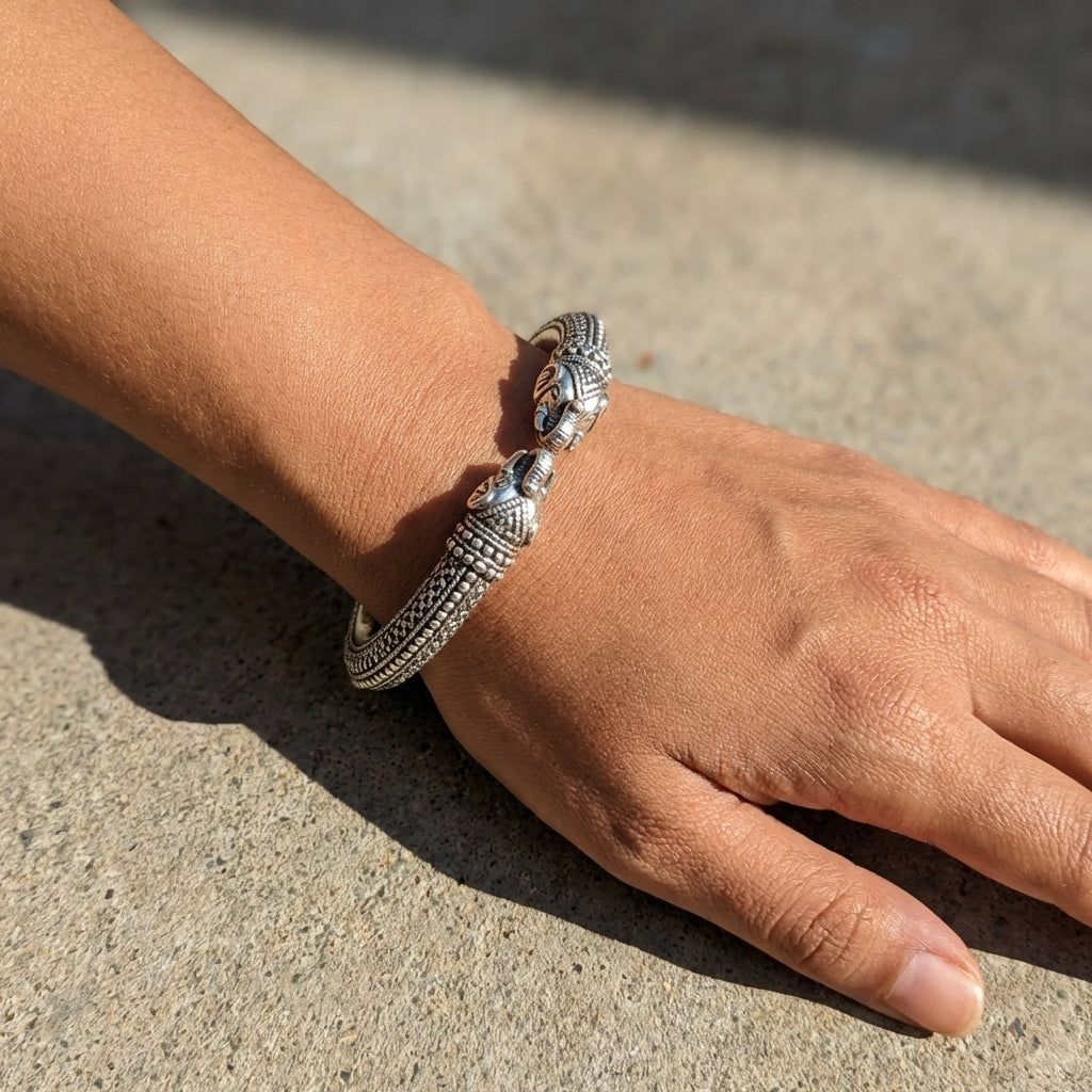 Miao Silver Crocodile Head Bracelet - Tribal Totem Design