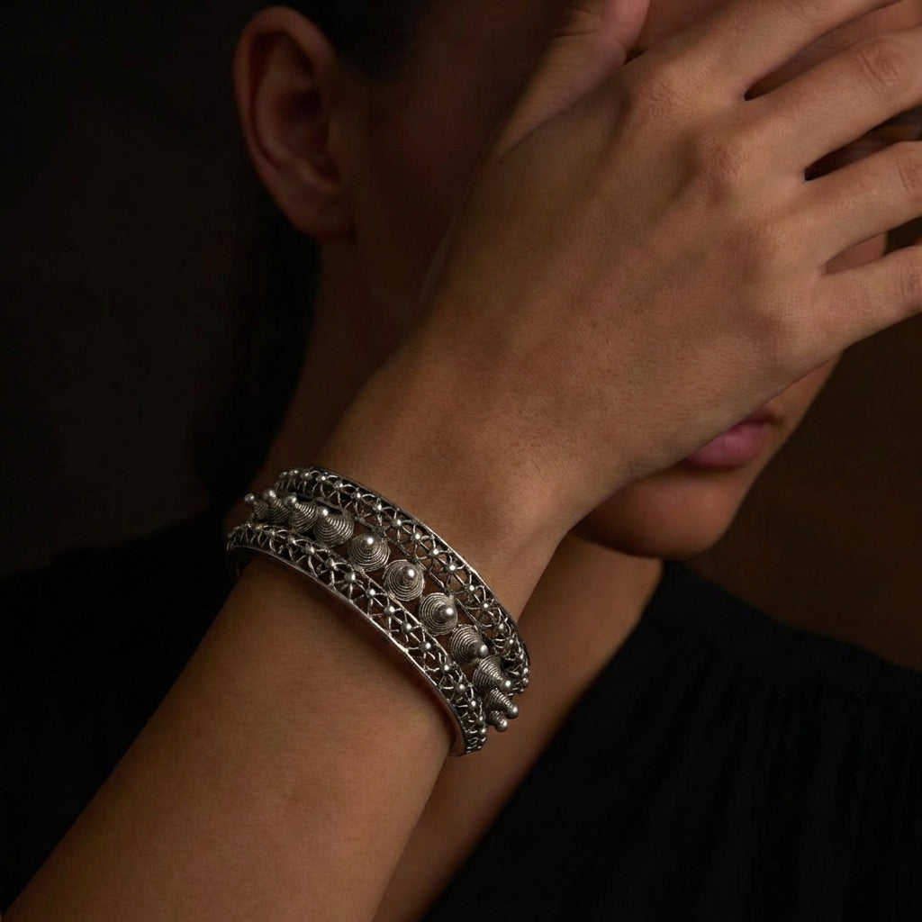 Miao Silver Wide Studded Bracelet - Ethnic Nail Design