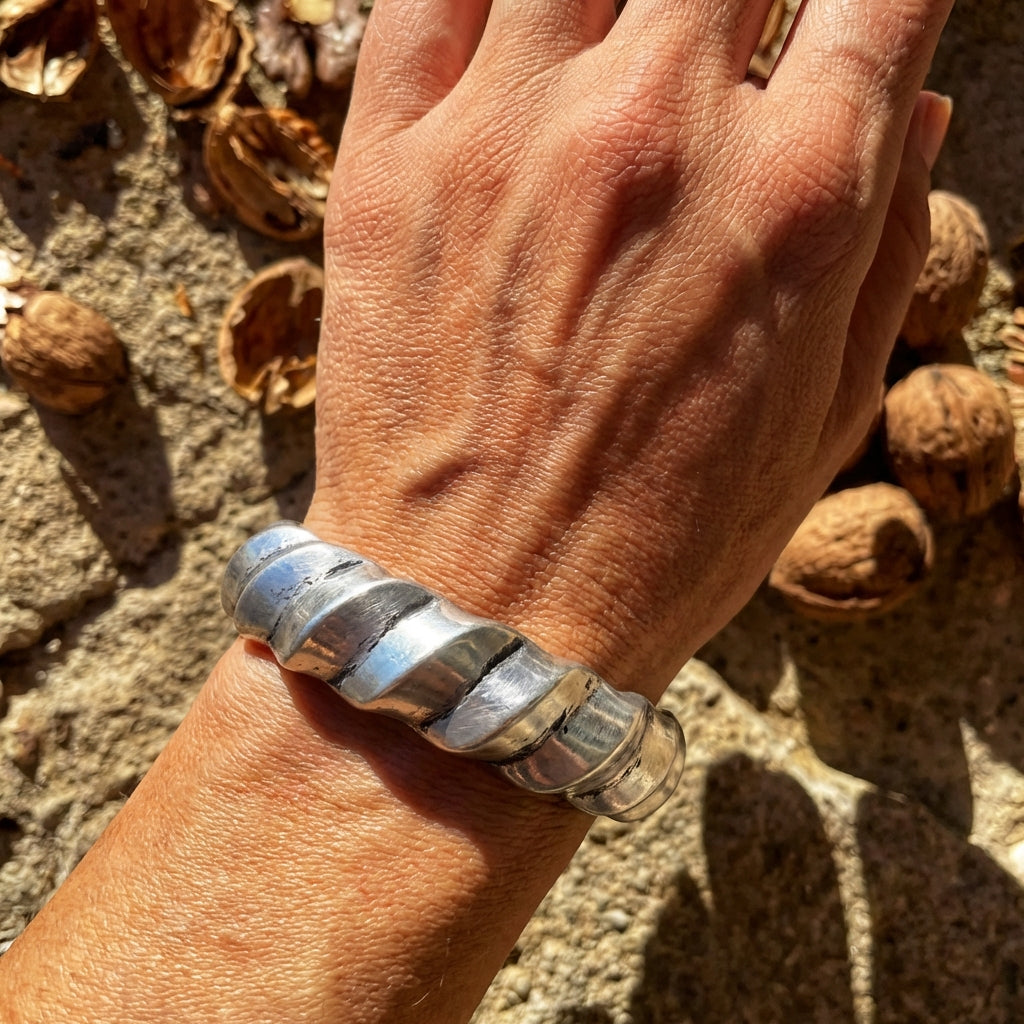 Miao Silver Hollow Carved Bangle - Wide Statement Cuff