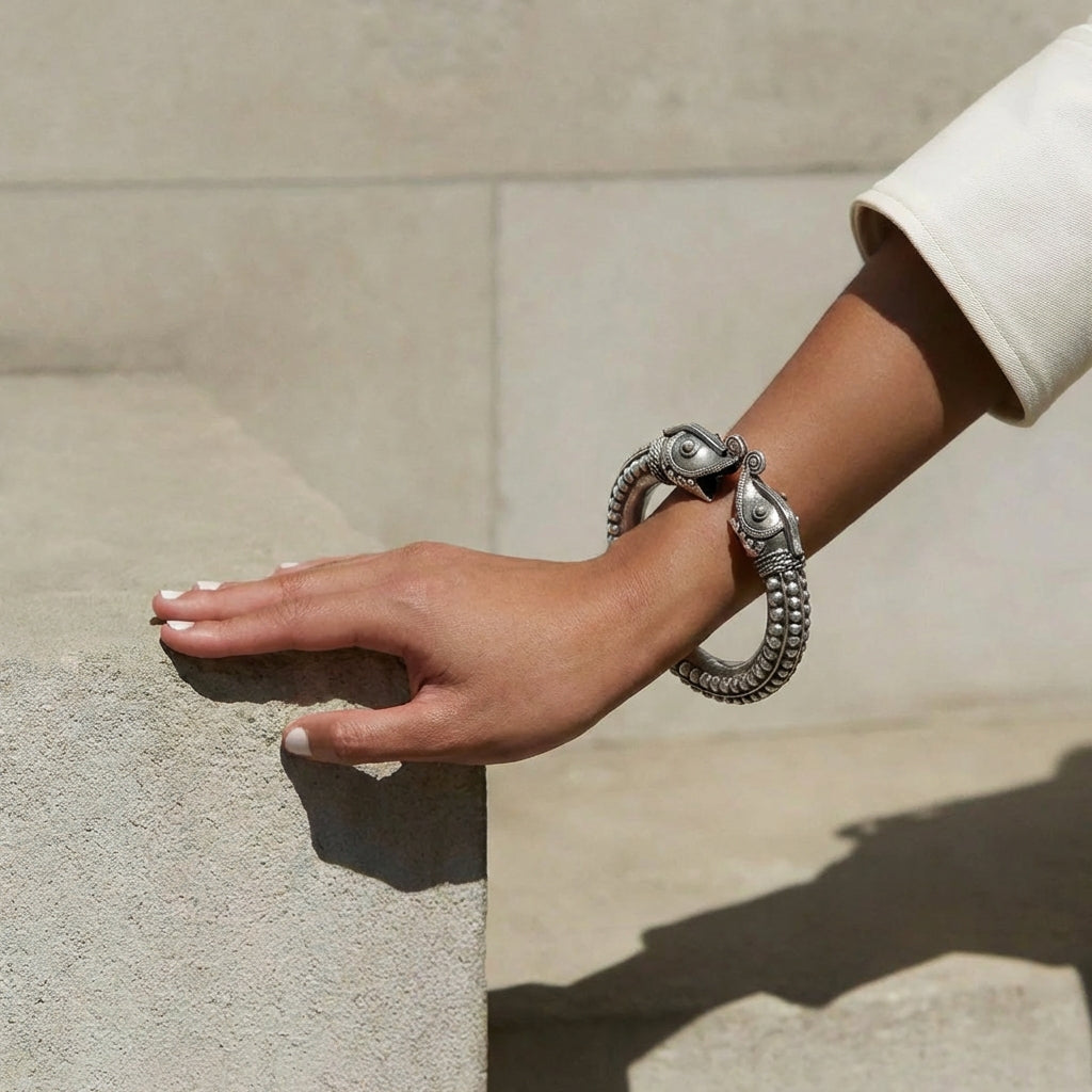 Miao Silver Crocodile Head Bracelet - Tribal Totem Design