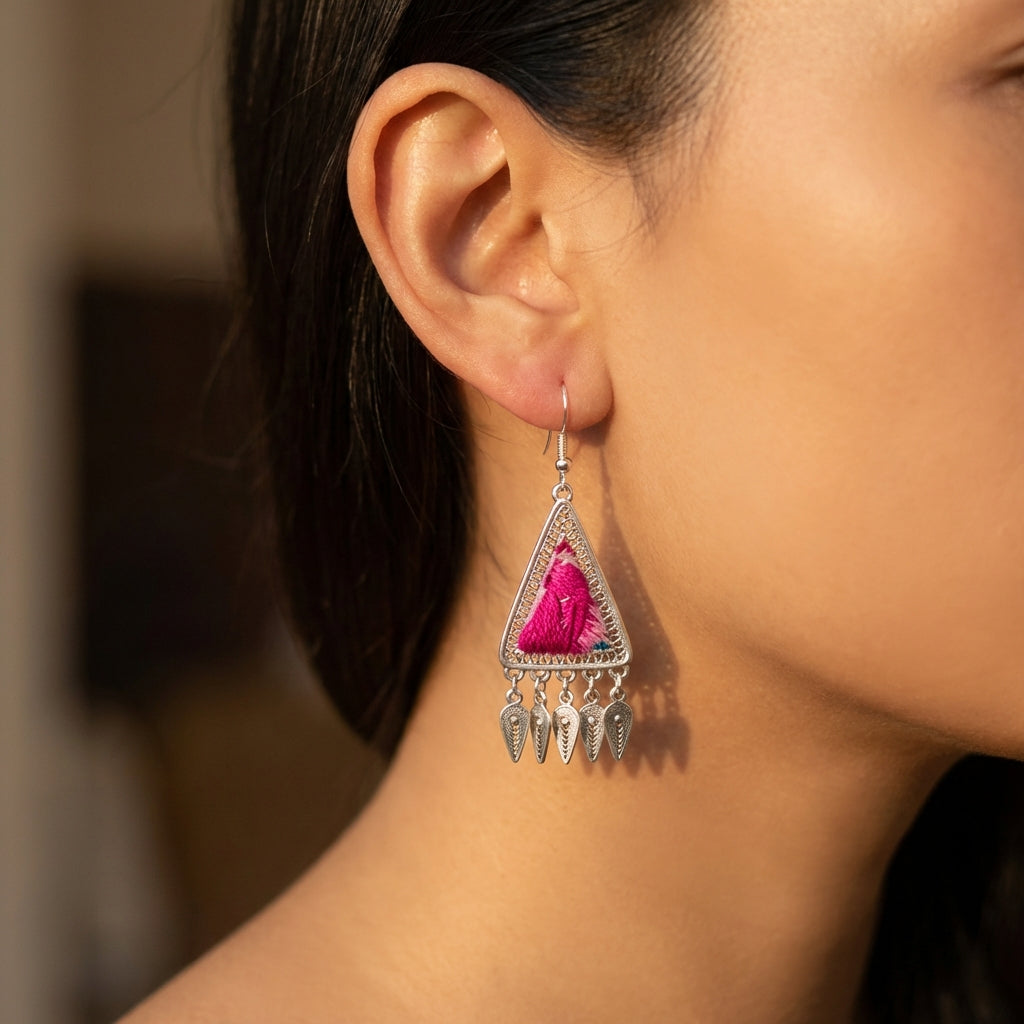 Miao Silver Earrings with Vintage Embroidery - Short Drop