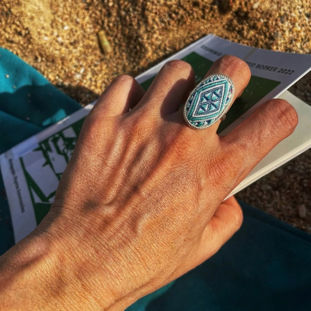 Miao Silver Ring with Vintage Embroidery Inlay