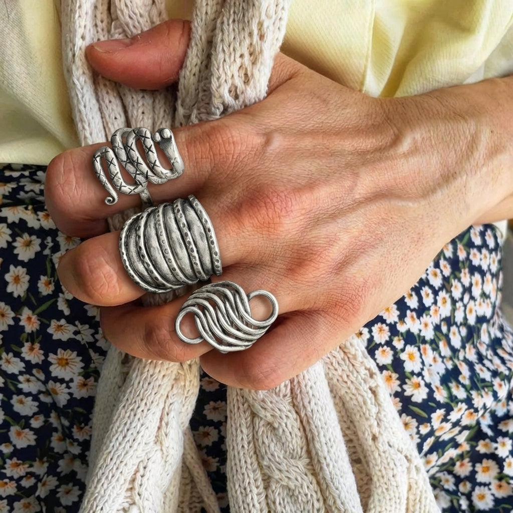 Miao Silver Statement Ring - Adjustable Bohemian Design
