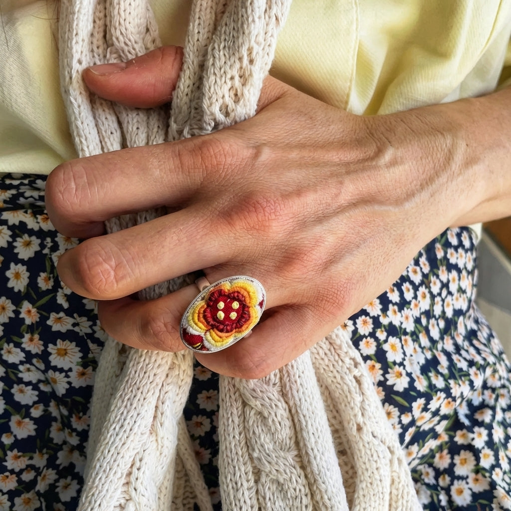 Miao Silver Ring with Vintage Embroidery Inlay