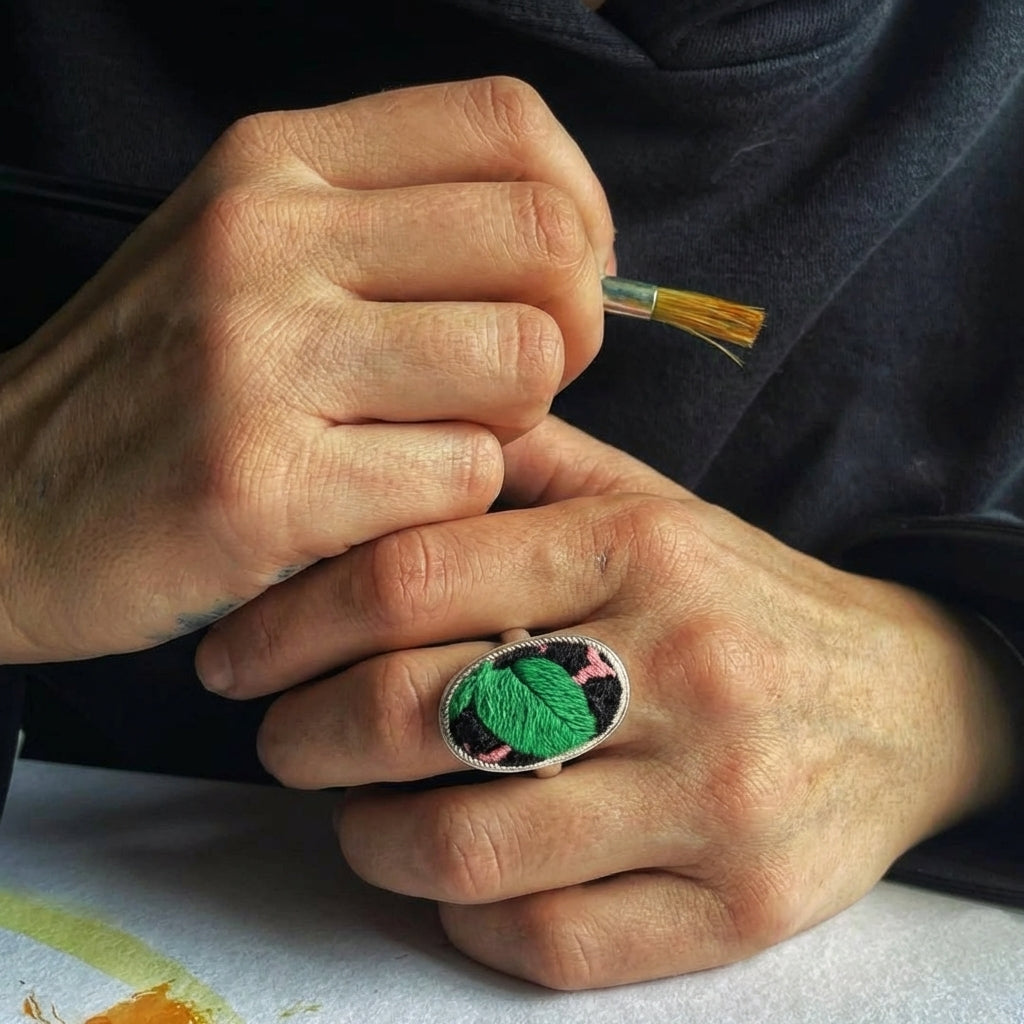 Miao Silver Ring with Vintage Embroidery Inlay